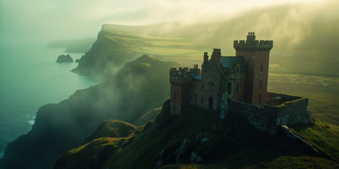 Red sandstone castle with turrets sits on grassy island grounds overlooking sea and distant mountains