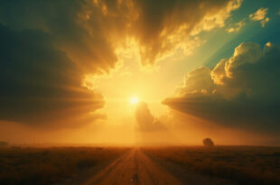Bright golden sunrays piercing through dark storm clouds in a clear summer sky over an empty landscape