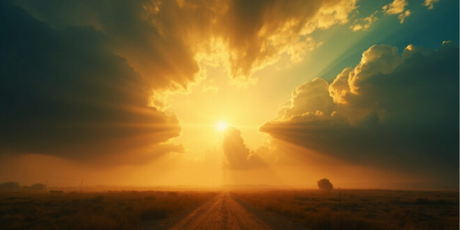 Bright golden sunrays piercing through dark storm clouds in a clear summer sky over an empty landscape