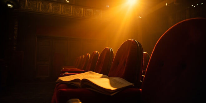 Abandoned Broadway theater with empty seats facing a vacant stage, vintage script resting on a seat in dim burgundy and amber light.