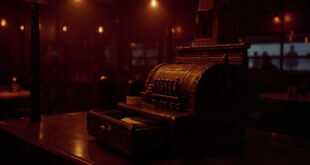 Antique brass cash register sits on polished wooden restaurant counter in warm lighting.