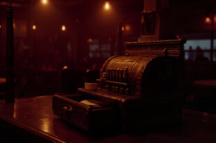 Antique brass cash register sits on polished wooden restaurant counter in warm lighting.