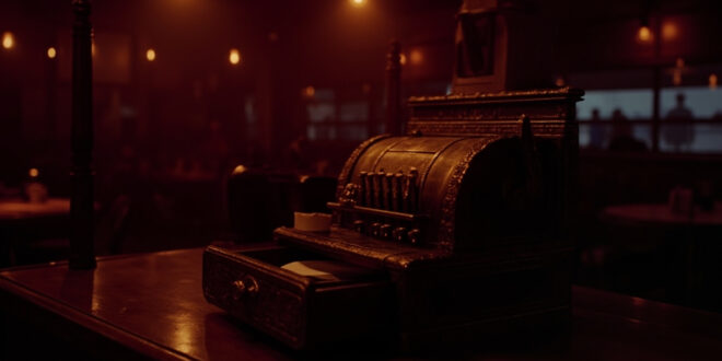 Antique brass cash register sits on polished wooden restaurant counter in warm lighting.