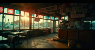Abandoned American diner with MAGA memorabilia and closed signs, empty counter highlighted by red, white and blue lighting