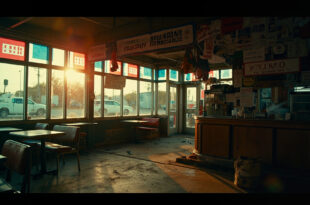 Abandoned American diner with MAGA memorabilia and closed signs, empty counter highlighted by red, white and blue lighting