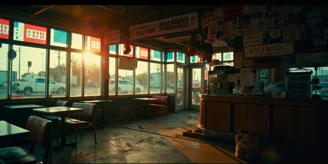 Abandoned American diner with MAGA memorabilia and closed signs, empty counter highlighted by red, white and blue lighting