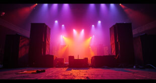 Empty concert stage with massive speakers and warning symbols in abandoned venue, illuminated by neon purple and orange lights