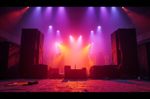 Empty concert stage with massive speakers and warning symbols in abandoned venue, illuminated by neon purple and orange lights