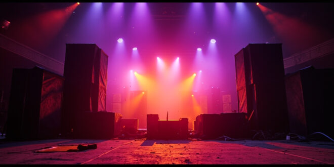 Empty concert stage with massive speakers and warning symbols in abandoned venue, illuminated by neon purple and orange lights