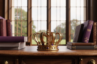 Golden crown sits on wooden desk next to open books and school supplies in elegant library setting.