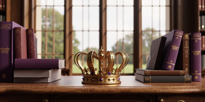 Golden crown sits on wooden desk next to open books and school supplies in elegant library setting.