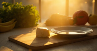 Abandoned brie cheese wheel on wooden cutting board next to fresh vegetables on minimalist kitchen counter at dawn