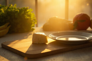 Abandoned brie cheese wheel on wooden cutting board next to fresh vegetables on minimalist kitchen counter at dawn