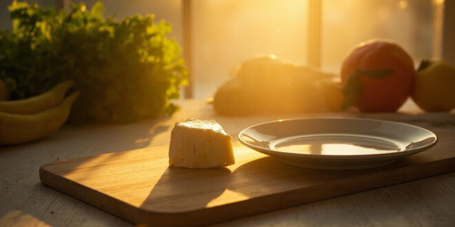 Abandoned brie cheese wheel on wooden cutting board next to fresh vegetables on minimalist kitchen counter at dawn