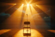 Empty theater stage with single microphone and spotlight-illuminated chair at oceanside memorial space during sunset
