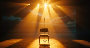 Empty theater stage with single microphone and spotlight-illuminated chair at oceanside memorial space during sunset