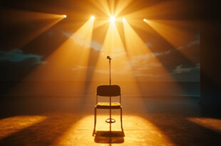 Empty theater stage with single microphone and spotlight-illuminated chair at oceanside memorial space during sunset