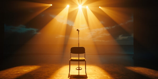 Empty theater stage with single microphone and spotlight-illuminated chair at oceanside memorial space during sunset
