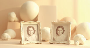 Two ornate vintage picture frames displaying childhood school portraits on a warm cream background