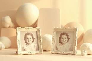 Two ornate vintage picture frames displaying childhood school portraits on a warm cream background