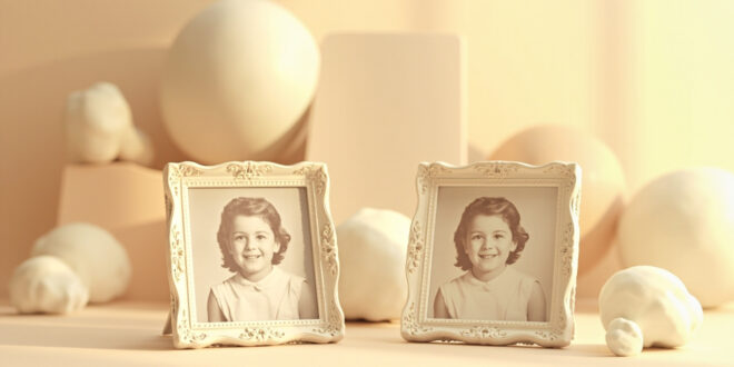 Two ornate vintage picture frames displaying childhood school portraits on a warm cream background