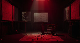Empty strategy room with overturned chair, tactical boards, and scattered planning materials in moody lighting