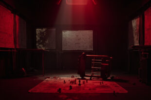 Empty strategy room with overturned chair, tactical boards, and scattered planning materials in moody lighting