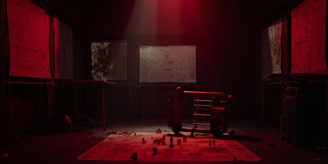 Empty strategy room with overturned chair, tactical boards, and scattered planning materials in moody lighting