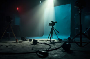 Professional camera equipment abandoned in darkened news studio with empty backdrop, revealing media staging.