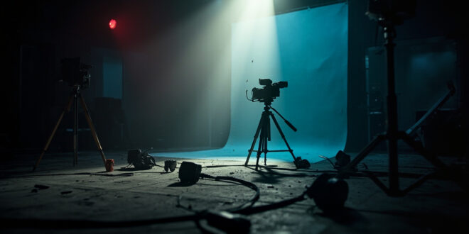 Professional camera equipment abandoned in darkened news studio with empty backdrop, revealing media staging.
