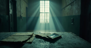 Empty prison cell with abandoned personal items and a lone photograph on a table, steel bars visible in stark corridor