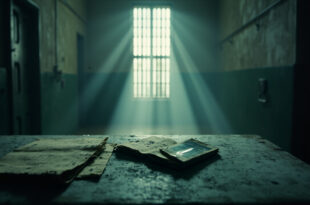Empty prison cell with abandoned personal items and a lone photograph on a table, steel bars visible in stark corridor