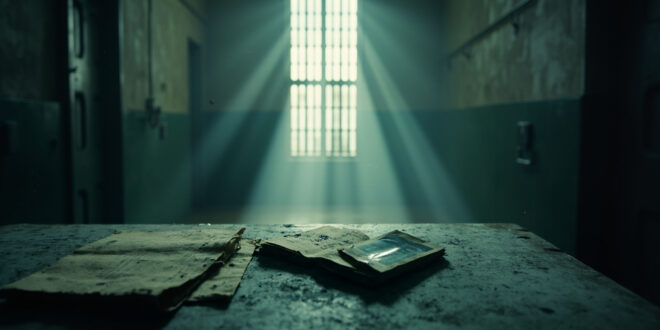 Empty prison cell with abandoned personal items and a lone photograph on a table, steel bars visible in stark corridor