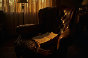 Vintage leather armchair bathed in golden light with old script pages nearby in quiet room