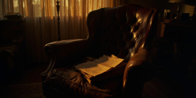 Vintage leather armchair bathed in golden light with old script pages nearby in quiet room