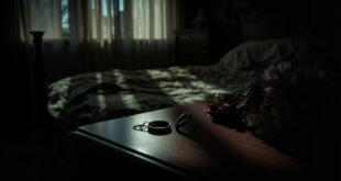 Two wedding rings rest on wooden nightstand beside wilted roses in dim bedroom light.