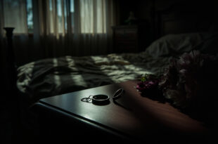 Two wedding rings rest on wooden nightstand beside wilted roses in dim bedroom light.