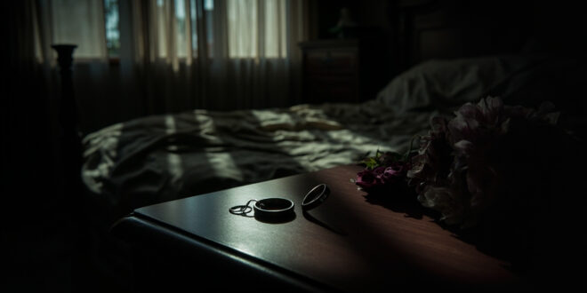 Two wedding rings rest on wooden nightstand beside wilted roses in dim bedroom light.