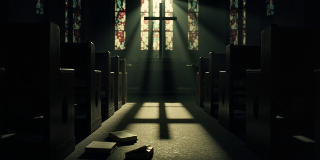 Empty wooden church pews in dim cathedral with stained glass windows casting colored light across the floor.