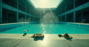 Abandoned public swimming pool with scattered towels, flip-flops and floating debris after an incident