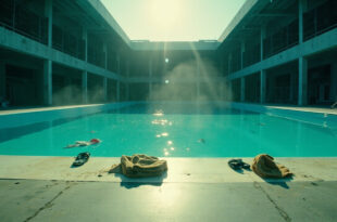 Abandoned public swimming pool with scattered towels, flip-flops and floating debris after an incident