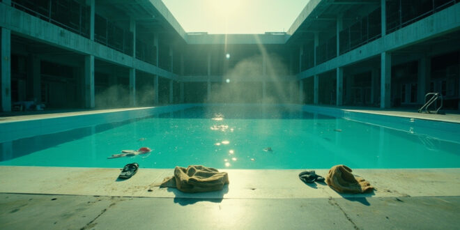 Abandoned public swimming pool with scattered towels, flip-flops and floating debris after an incident