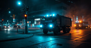 Police water cannon truck positioned as protective barrier with flashing emergency lights on urban street