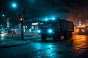 Police water cannon truck positioned as protective barrier with flashing emergency lights on urban street