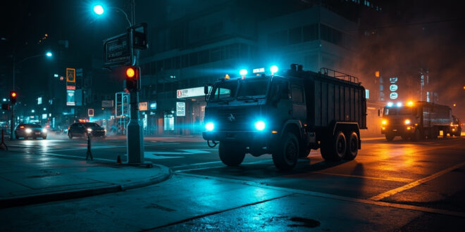 Police water cannon truck positioned as protective barrier with flashing emergency lights on urban street