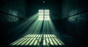 Empty solitary confinement cell with metal door and steel bars casting shadows in abandoned prison corridor