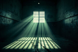 Empty solitary confinement cell with metal door and steel bars casting shadows in abandoned prison corridor