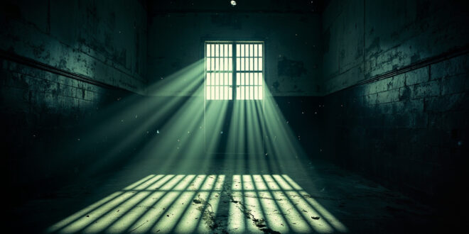 Empty solitary confinement cell with metal door and steel bars casting shadows in abandoned prison corridor