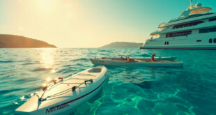 Unmanned luxury yacht anchored in Mediterranean waters near Ibiza with abandoned kayak and paddleboard floating nearby