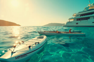 Unmanned luxury yacht anchored in Mediterranean waters near Ibiza with abandoned kayak and paddleboard floating nearby